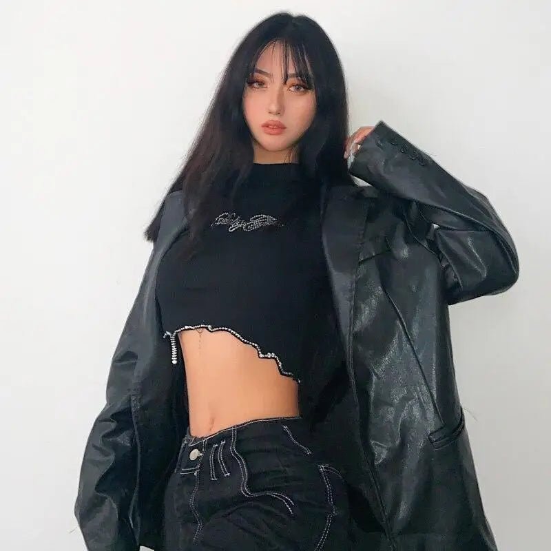 Black Long Sleeve Rhinestone Embellished Babygirl Crop Top Instock - Cosparty