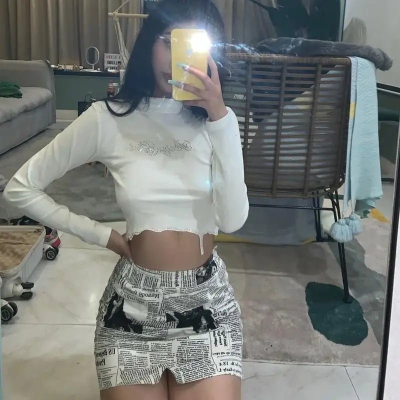 Black Long Sleeve Rhinestone Embellished Babygirl Crop Top Instock - Cosparty