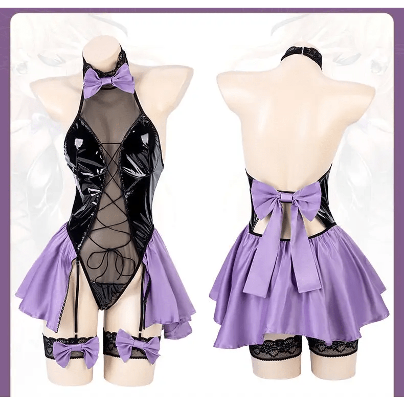 Black & Purple Leather Succubus Bodysuit Set for Gothic Styles - Cosparty
