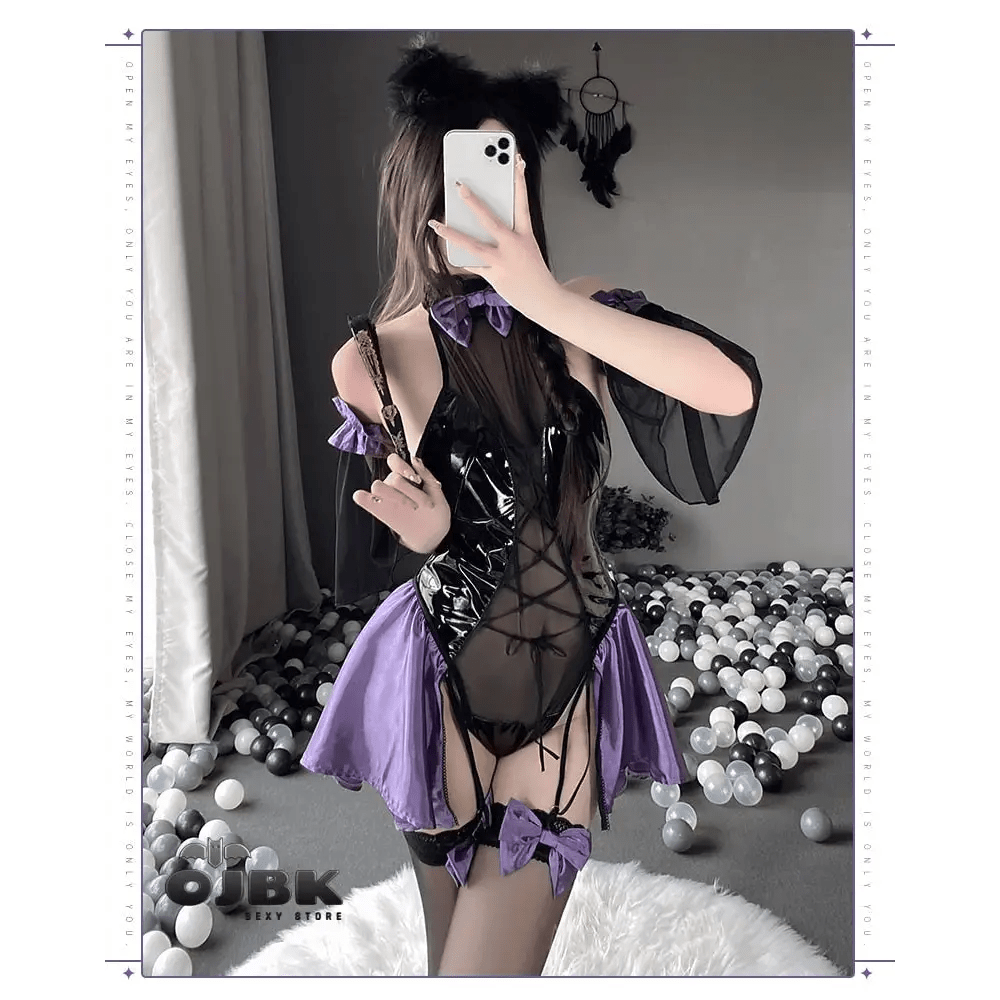 Black & Purple Leather Succubus Bodysuit Set for Gothic Styles - Cosparty