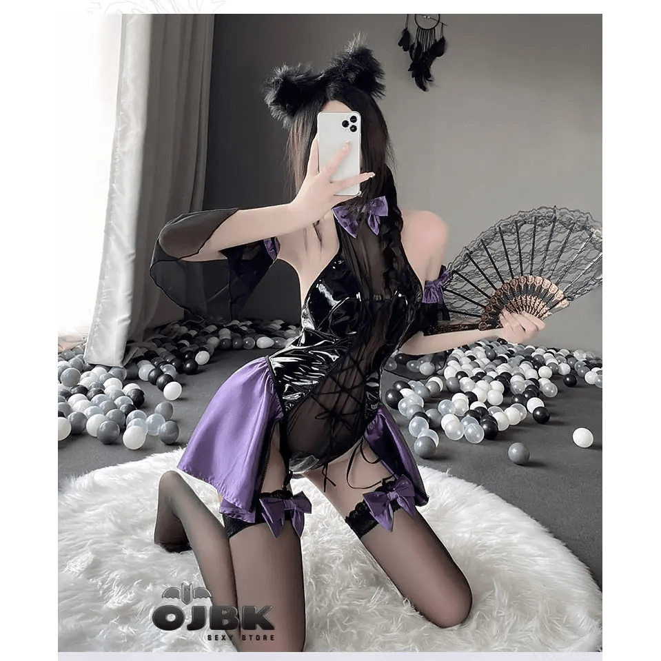 Black & Purple Leather Succubus Bodysuit Set for Gothic Styles - Cosparty