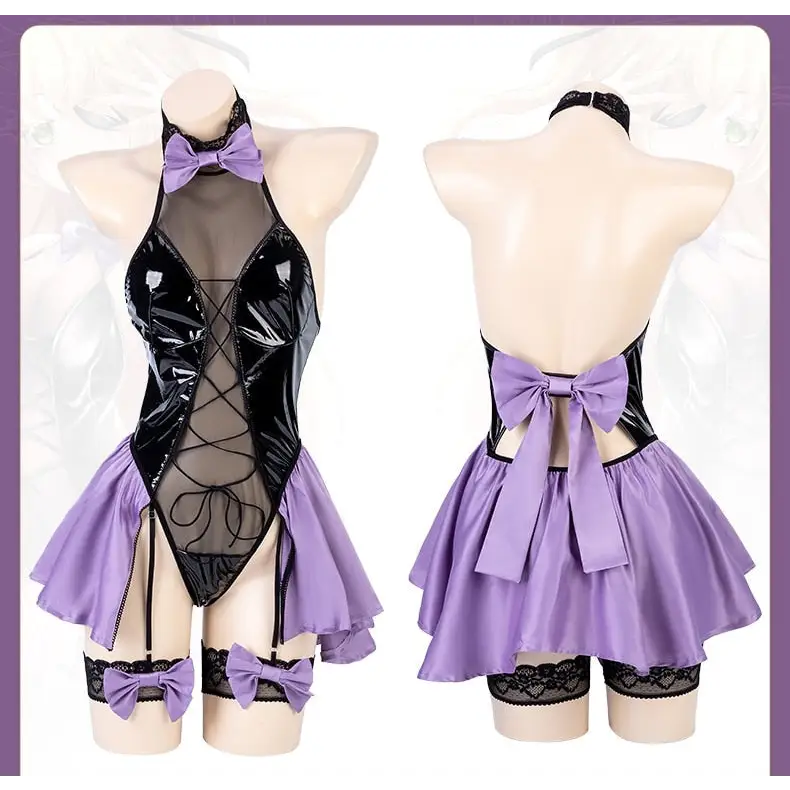 Black & Purple Leather Succubus Bodysuit Set for Gothic Styles - Costumes