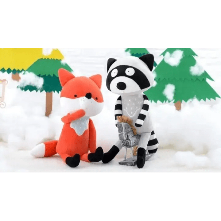 Black Striped Raccoon and Brown Fox Plushies in New Condition - Cosparty