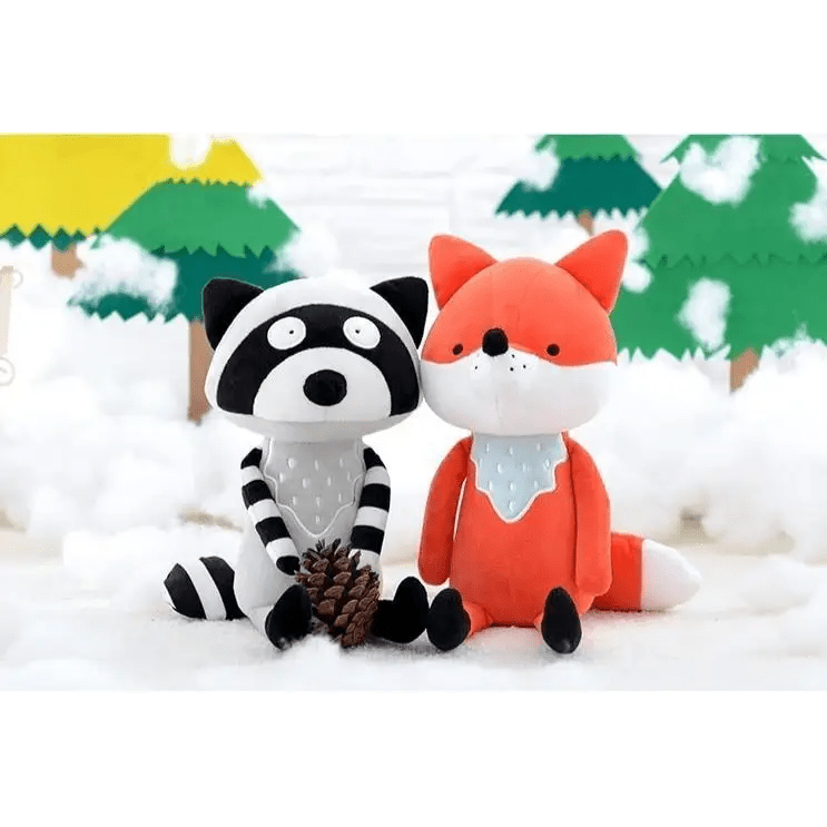 Black Striped Raccoon and Brown Fox Plushies in New Condition - Cosparty
