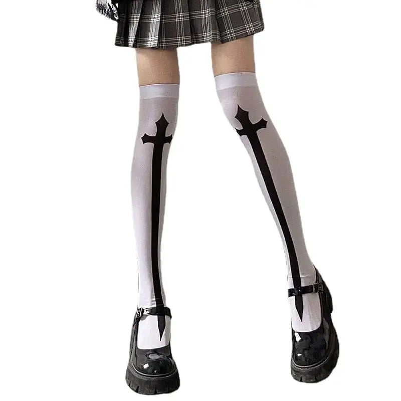 Skull Line Thigh Highs - White Cross - socks