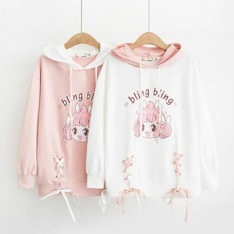 Bling Bling Bunny Anime Girl Hoodie in Pastel - Length 58cm - hoodie