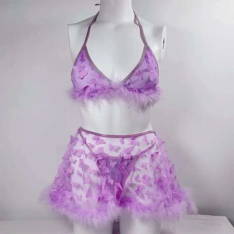 Blooming Butterfly Lingerie Set with Sheer Lace Skirt - lingerie