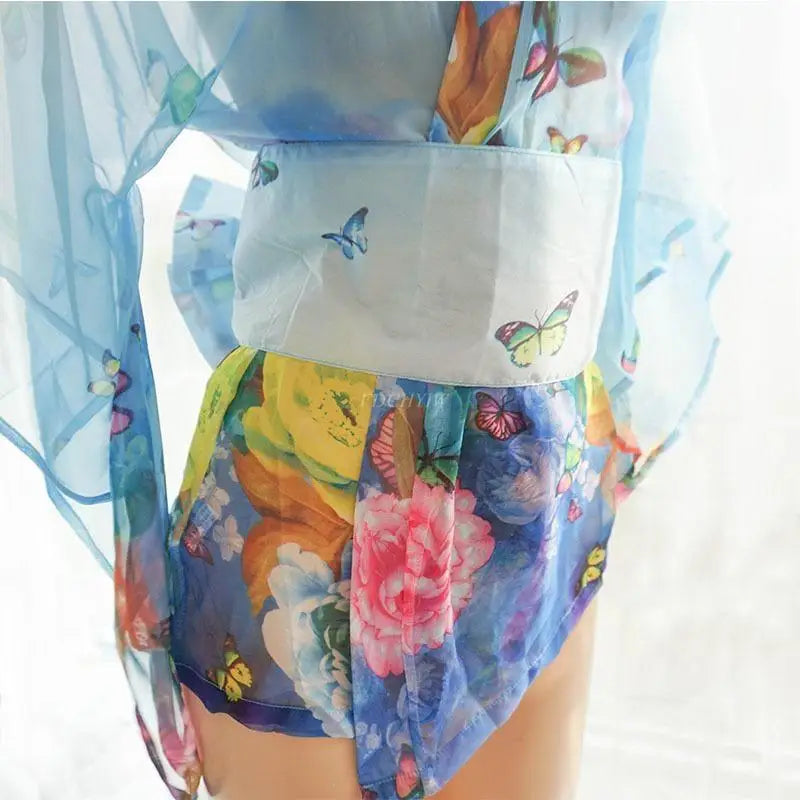 Blue Floral Butterfly Kimono Lingerie for a Seductive Look - costume