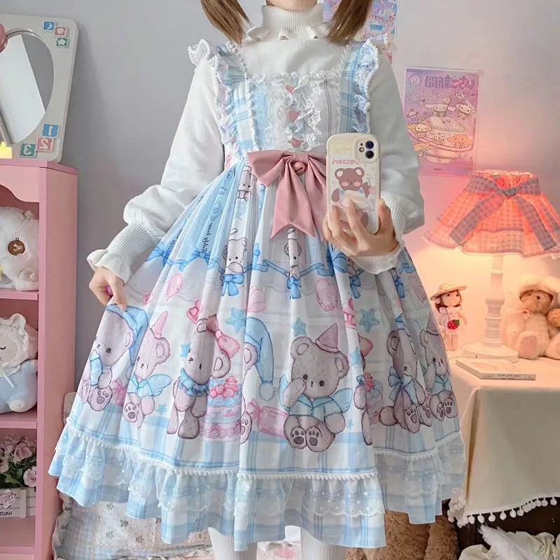 Blue or Pink Baby Teddy Bear Lolita Dress for Little Princesses - Dress