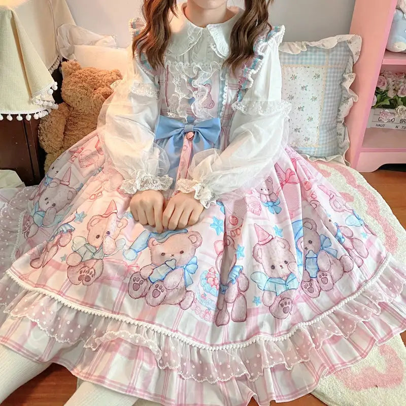 Blue or Pink Baby Teddy Bear Lolita Dress for Little Princesses - Dress