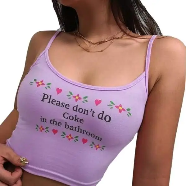 Purple Please Don't Do Coke In The Bathroom Tank Top Spaghetti Strap Cropped Shirt Belly Top Hipster Sexy