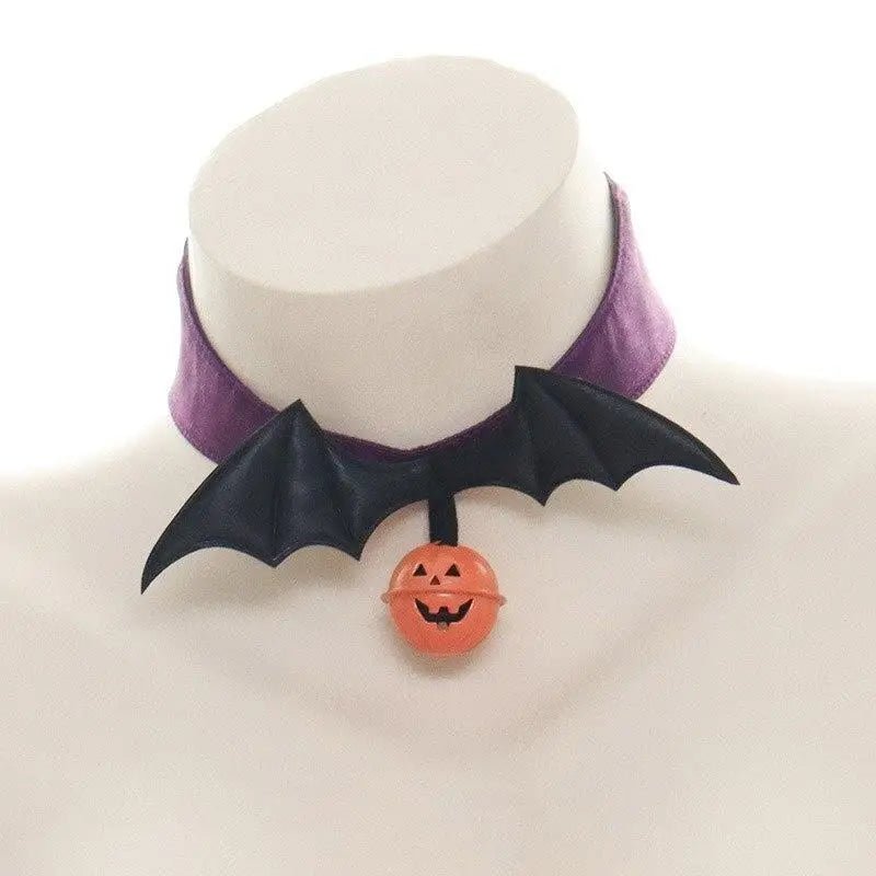 Bold Black and Purple Halloween Chokers with Pumpkins and Bat Wings - Cosparty