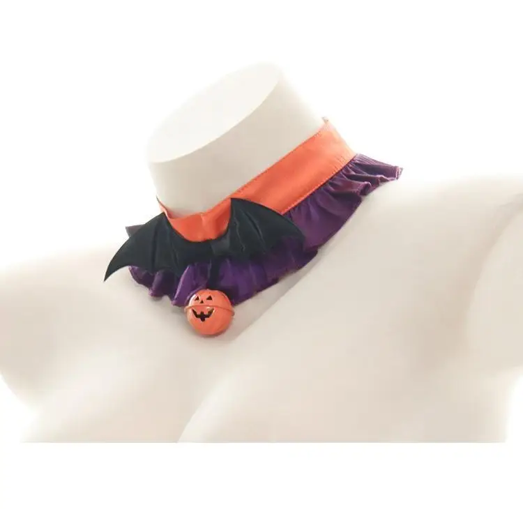 Bold Black and Purple Halloween Chokers with Pumpkins and Bat Wings - collar