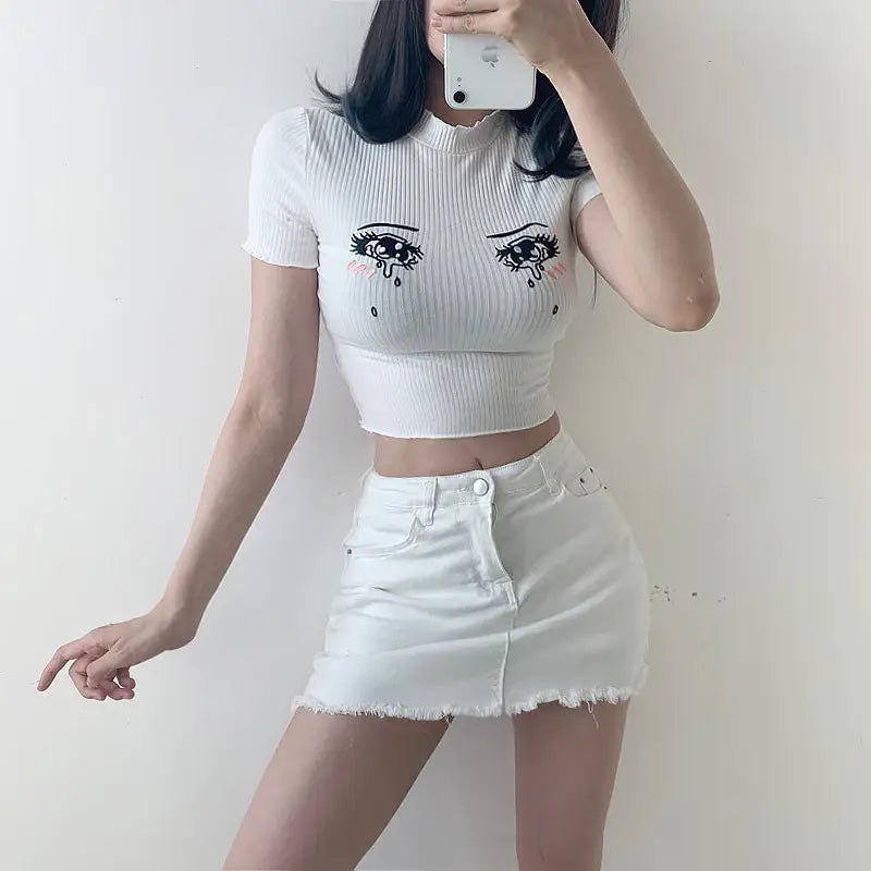 Bright White Knit Crop Top with Adorable Hand-Embroidered Eyes - Shirt