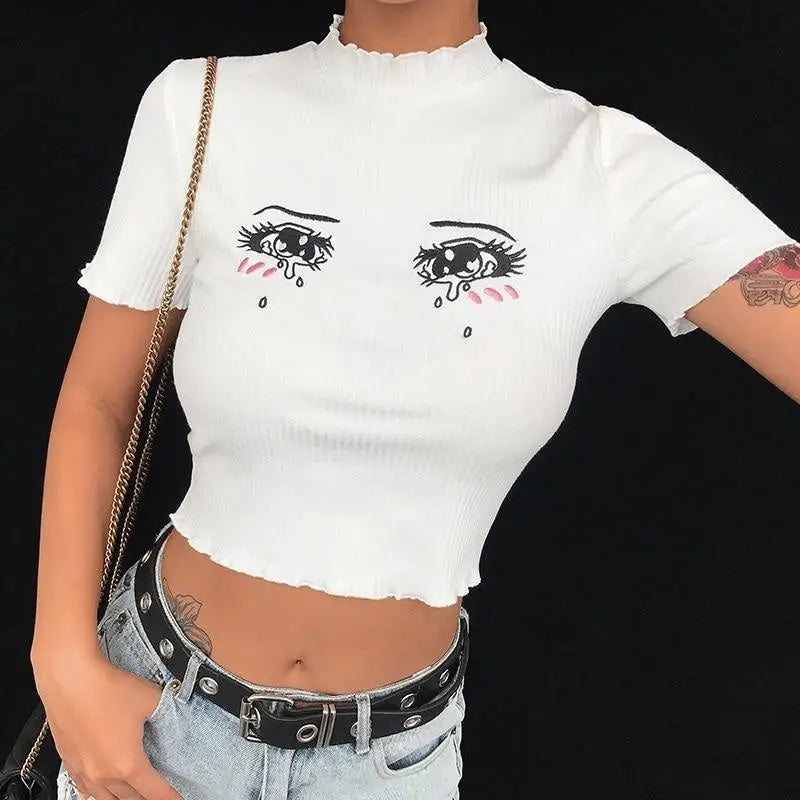 Bright White Knit Crop Top with Adorable Hand-Embroidered Eyes - Shirt