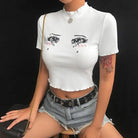 Bright White Knit Crop Top with Adorable Hand - Embroidered Eyes - Cosparty