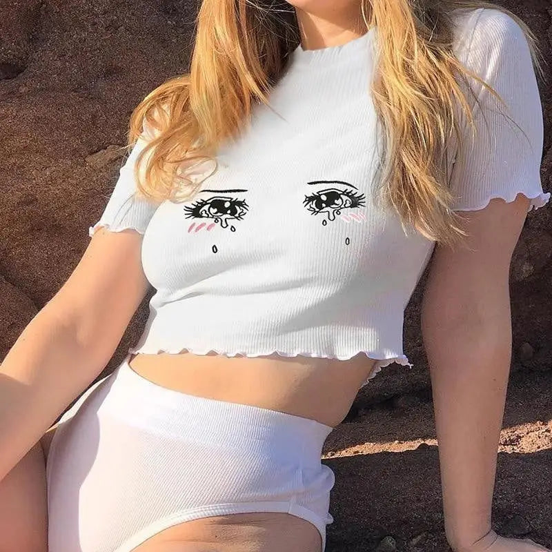 Bright White Knit Crop Top with Adorable Hand-Embroidered Eyes - Shirt