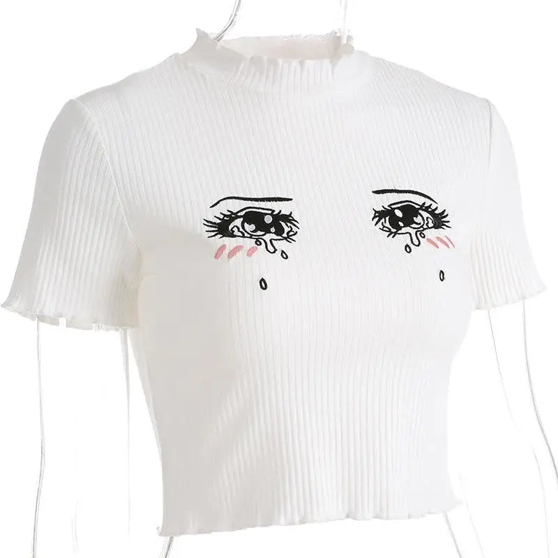 Bright White Knit Crop Top with Adorable Hand-Embroidered Eyes - Shirt