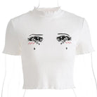 Bright White Knit Crop Top with Adorable Hand-Embroidered Eyes - Shirt