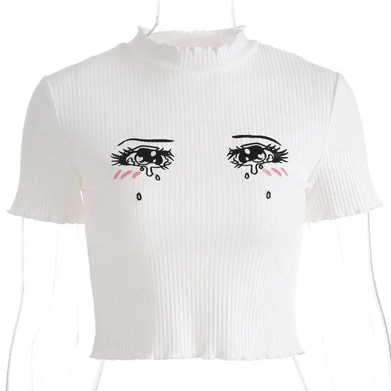 Bright White Knit Crop Top with Adorable Hand - Embroidered Eyes - Cosparty