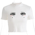 Bright White Knit Crop Top with Adorable Hand - Embroidered Eyes - Cosparty