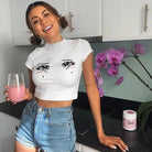 Bright White Knit Crop Top with Adorable Hand-Embroidered Eyes - Shirt