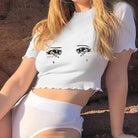 Bright White Knit Crop Top with Adorable Hand - Embroidered Eyes - Cosparty