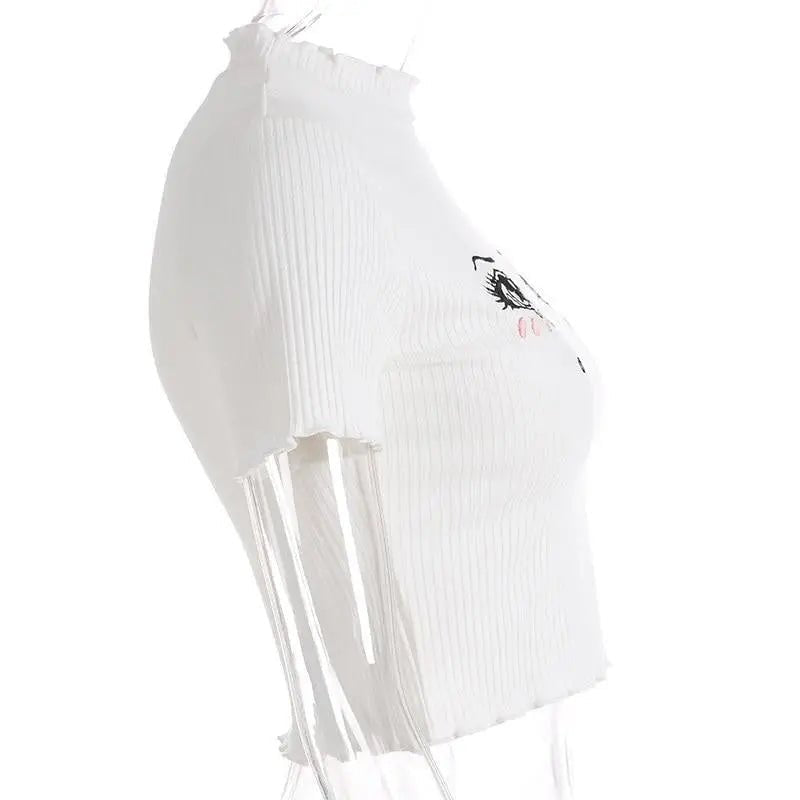 Bright White Knit Crop Top with Adorable Hand - Embroidered Eyes - Cosparty