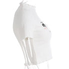 Bright White Knit Crop Top with Adorable Hand - Embroidered Eyes - Cosparty