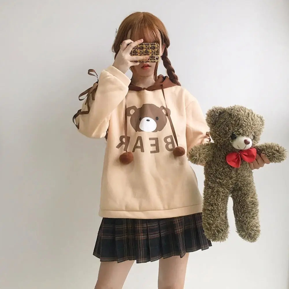 Brown Hooded Baby Bear Sweatshirt with Corset Lace-Up Arms - hoodie