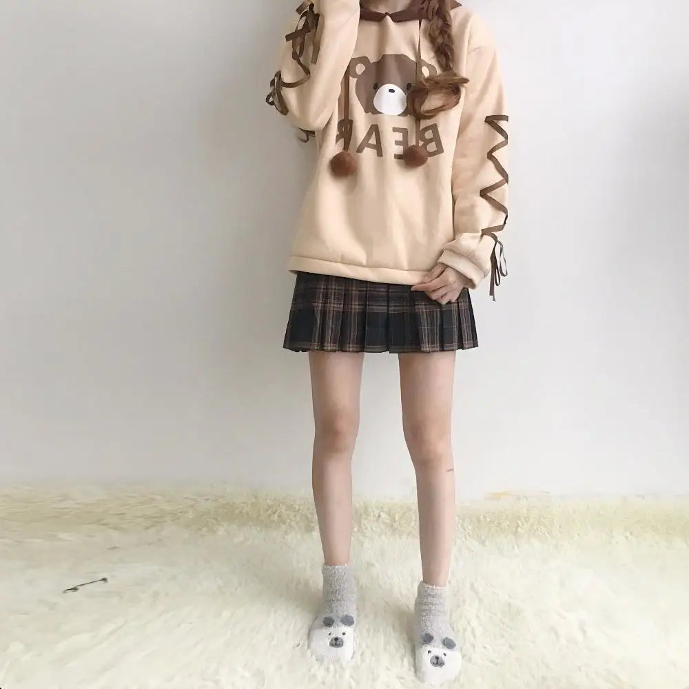 Brown Hooded Baby Bear Sweatshirt with Corset Lace-Up Arms - hoodie