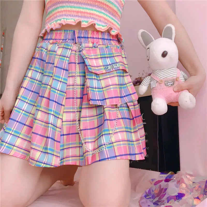 Bubblegum Rainbow Plaid Skirt with Cargo Pocket - skirt