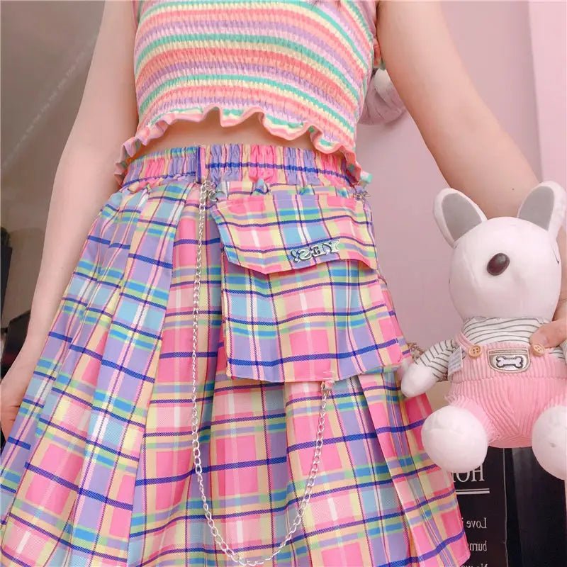 Bubblegum Rainbow Plaid Skirt with Cargo Pocket - Cosparty