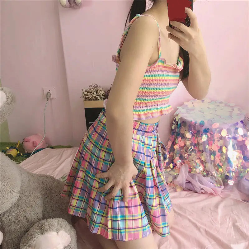 Bubblegum Rainbow Plaid Skirt with Cargo Pocket - skirt