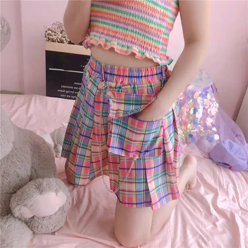 Bubblegum Rainbow Plaid Skirt with Cargo Pocket - Cosparty
