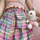 Bubblegum Rainbow Plaid Skirt with Cargo Pocket - skirt