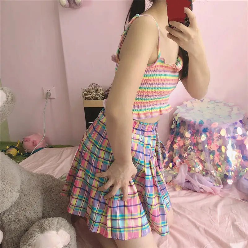 Bubblegum Rainbow Plaid Skirt with Cargo Pocket - Cosparty