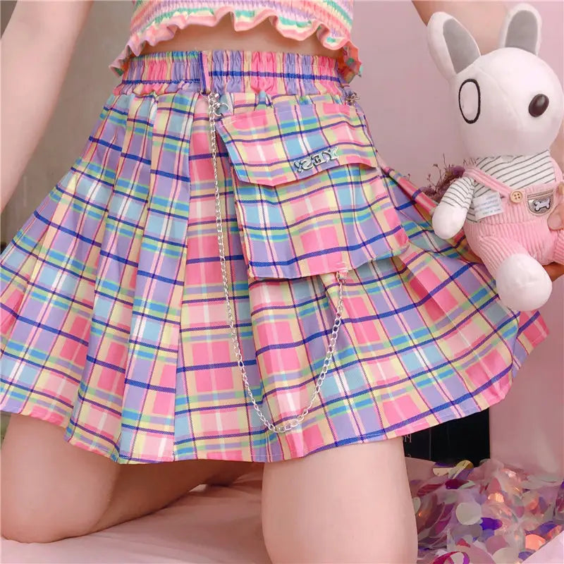 Bubblegum Rainbow Plaid Skirt with Cargo Pocket - S - skirt