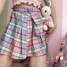 Bubblegum Rainbow Plaid Skirt with Cargo Pocket - Cosparty