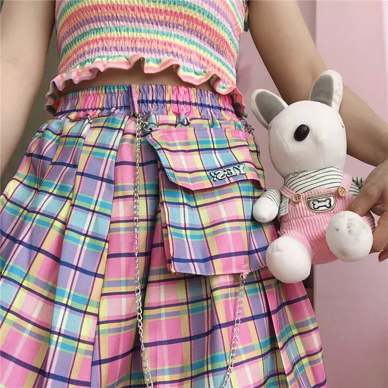 Bubblegum Rainbow Plaid Skirt with Cargo Pocket and Stretchy Waistband - Cosparty