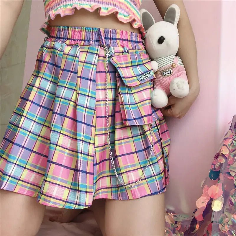 Bubblegum Rainbow Plaid Skirt with Cargo Pocket and Stretchy Waistband - Cosparty