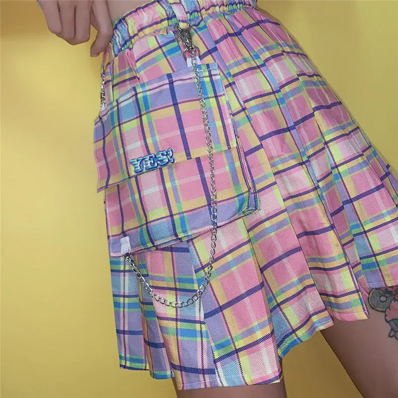 Bubblegum Rainbow Plaid Skirt with Cargo Pocket and Stretchy Waistband - crop top