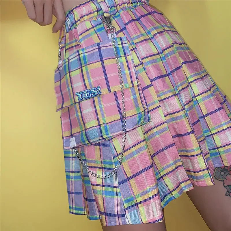 Bubblegum Rainbow Plaid Skirt with Cargo Pocket and Stretchy Waistband - Cosparty