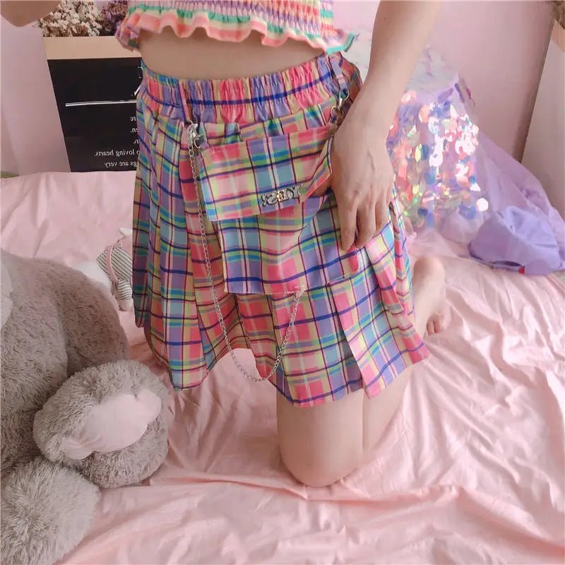 Bubblegum Rainbow Plaid Skirt with Cargo Pocket and Stretchy Waistband - Cosparty