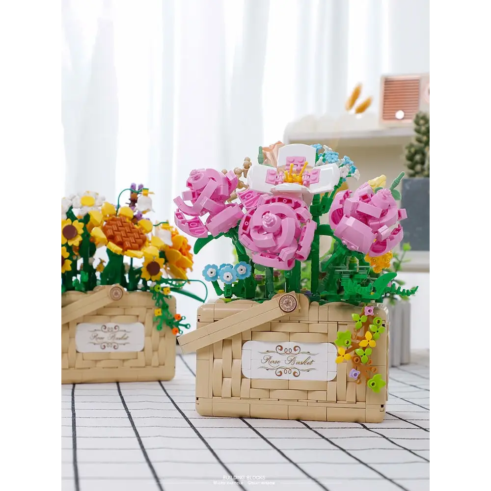 Building Block Basket Bouquet Set - building blocks, flowers, kawaii, lego, lego sets Cosparty