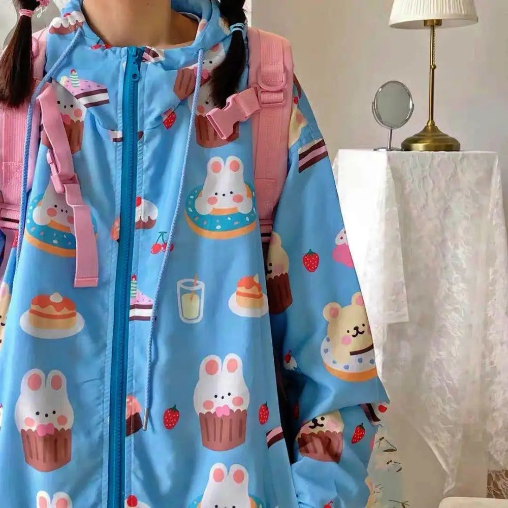 Cupcake Bunny Windbreaker - S - bear coat, ears, coats, food, jackets