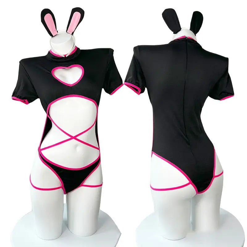 Bunny Onesie with Lace Up Detailing and Cute Bunny Ears - Lingerie