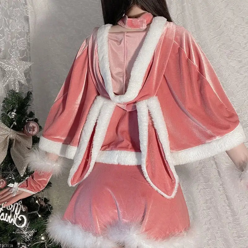 Bunny Set Dress with Cozy Santa Claus Inspired Hoodie Cape Shawl - dress