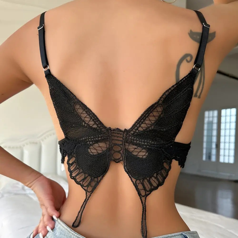 Butterfly Back Bralette with Lace and Silk Ribbon Lingerie Piece - underwear