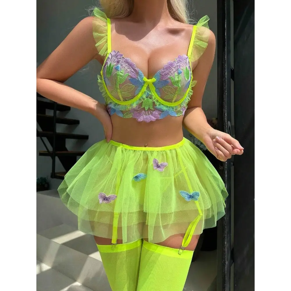 Butterfly Rave Lingerie Set - butterflies, butterfly, lime green, lingerie set, summer